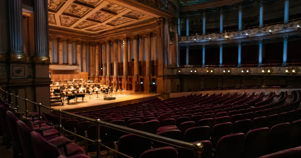 Elegant konsertsal med klassisk arkitektur och tomma sittplatser i burgundy