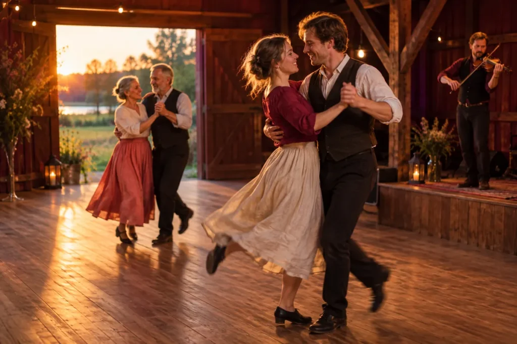 Två par dansar hambo i en loge en sommarkväll medan en spelman spelar fiol