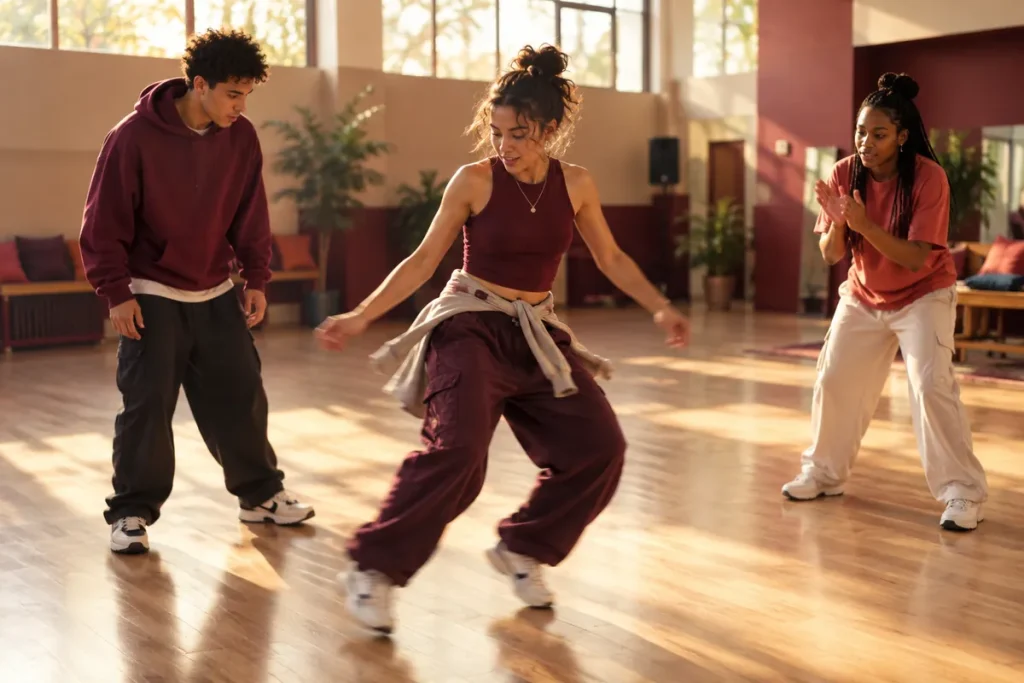 Tre unga dansare i en ring där en kvinna dansar hiphop medan de andra klappar takten och väntar på sin tur