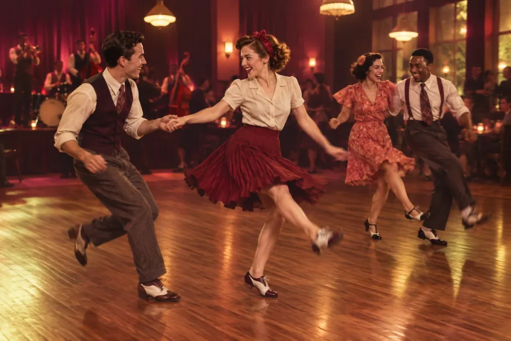 Två par dansar lindy hop på en swingkväll, det ena i en swingout och det andra i charlestonsteg