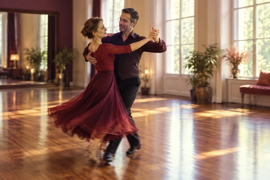 Ett par dansar långsam vals i sluten fattning på ett trägolv i en ljus dansstudio