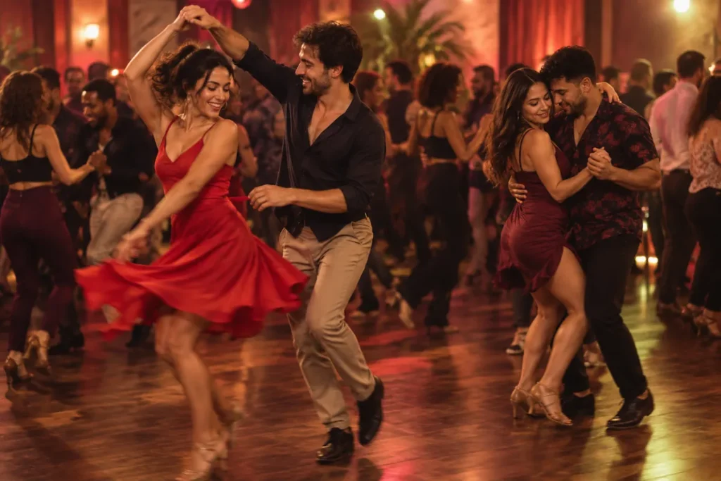 Två par dansar salsa och bachata på en socialdanskväll, kvinnan i främre paret snurrar under partnerns arm